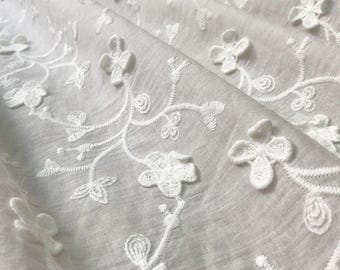 Floral Embroidered Cotton Fabric,White Fabric,Tablecloth Fabric,Floral Fabric,Embroidered Fabric,Curtain Fabric,Fabric By 1/2 Yard