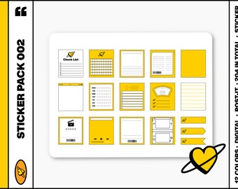 Pode incluir: Um conjunto de 12 adesivos digitais para planejadores amarelos e brancos com vários designs, incluindo uma lista de verificação, uma balança, uma claquete de filme e um reprodutor de música. O texto "Sticker Pack 002" está escrito no lado esquerdo da imagem. O texto "12 Cores - Post-it digital - 204 no total - Adesivo" está escrito no lado direito da imagem.