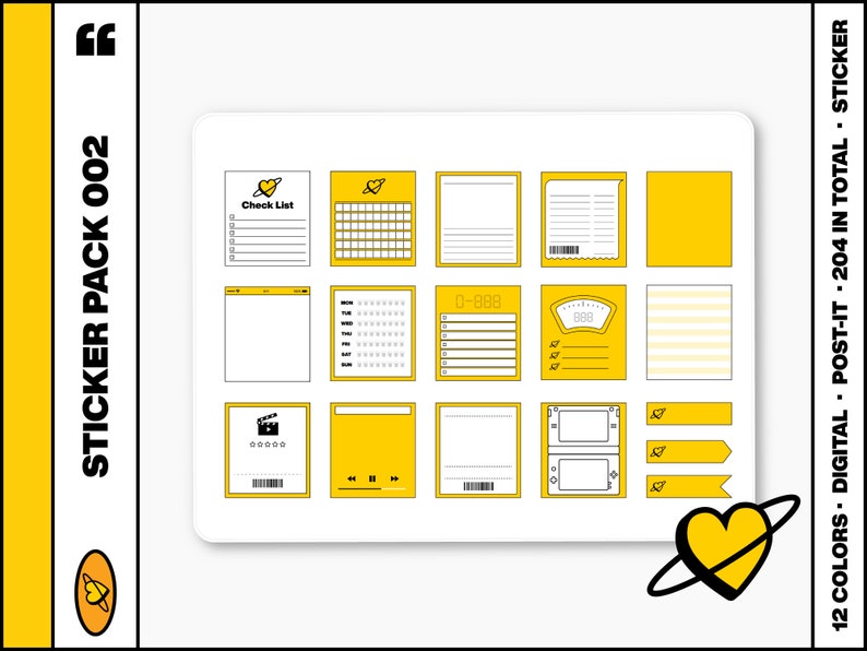 May include: A set of 12 yellow and white digital planner stickers with various designs, including a check list, a scale, a movie clapperboard, and a music player. The text "Sticker Pack 002" is written on the left side of the image. The text "12 Colors - Digital Post-It - 204 in Total - Sticker" is written on the right side of the image.