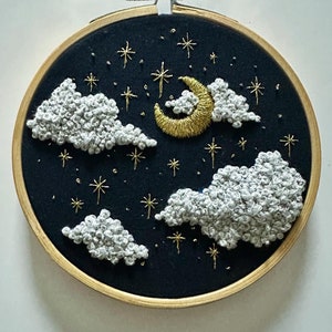 Starry cloudy sky crescent moon golden embroidery hoop custom piece