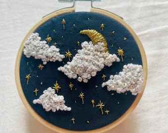 Starry cloudy sky crescent moon golden embroidery hoop custom piece