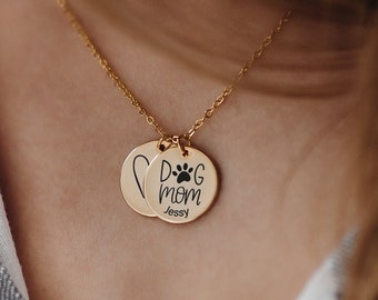 Dog Mom necklace, Personalized Pet Memorial Necklace for Dog Lover Gift, Paw necklace with Pet name Engraved, 14K Gold disk pendant