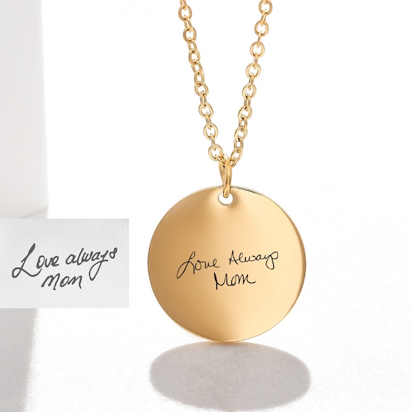 Custom engraved actual handwriting necklace in 14k gold, Handwritten memorial keepsake Disc pendant, Signature Jewelry Gift