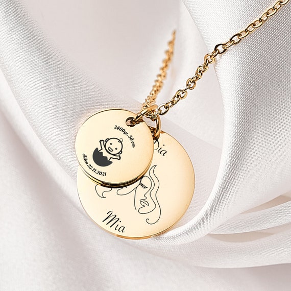 Baby Boy Necklace for New Mom Gift Personalized Name Disc Pendant Gift for Mother Engraved Baby Birthdate Jewelry for Baby Shower Etsy