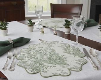 Flower Placemat - Green Toile Linen, Dining Table Decor