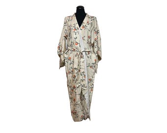Rare 70s Japanese Kimono 100% Silk Ecru with Fruit Tree Design