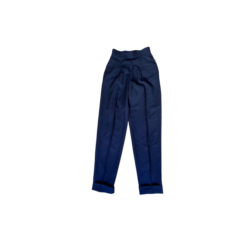 May include: Navy blue high-waisted pants with a pleated front and cuffed hems. The pants have a tailored fit and a classic design. The dark blue color and clean lines make them suitable for various occasions. These pants are a versatile addition to any wardrobe.