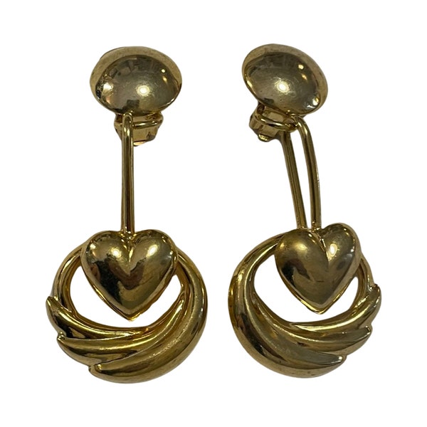 UGO CORREANI Made in Italy Vintage 1980s 1990s Golden Metal Large Pendant Clip On Earrings with heart