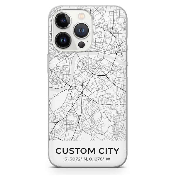 Funda de teléfono con ubicación de mapa personalizada - Funda de arte de regalo de ciudad personalizada apta para iPhone 15 Pro Max, 14 13 12 11 Xr X Plus Samsung S24 Ultra S23 S22