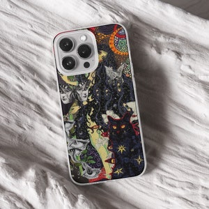 iPhone 15 Pro Max 14 Plus 13 12 11 clear case with Horror Grunge eyes design on it, there are total of five phone cover options to choose from. Halloween, spooky, black cat, mushroom, gothic artworks cover are depicted.