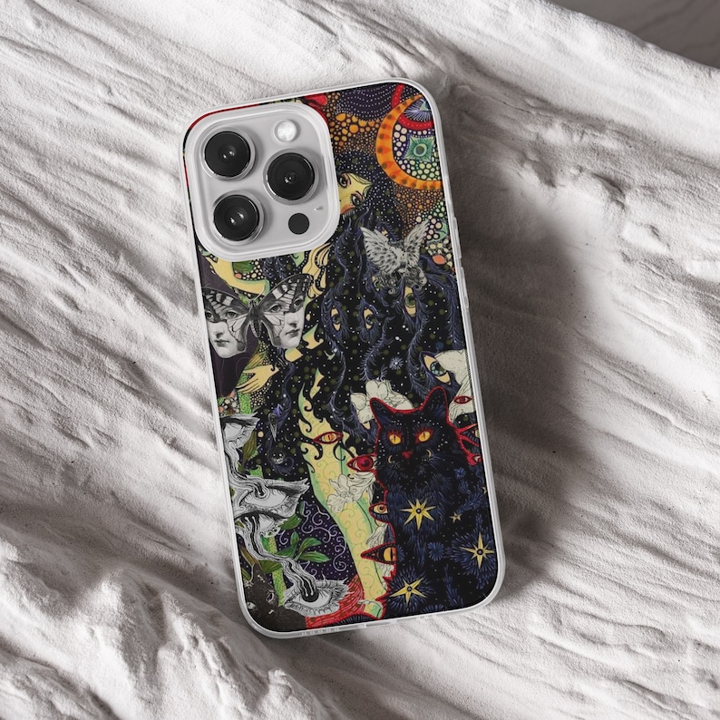 iPhone 15 Pro Max 14 Plus 13 12 11 clear case with Horror Grunge eyes design on it, there are total of five phone cover options to choose from. Halloween, spooky, black cat, mushroom, gothic artworks cover are depicted.