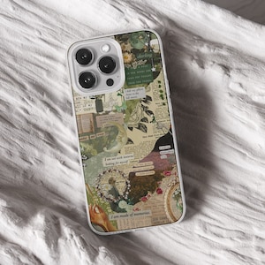 iPhone 15 Pro Max 14 Plus 13 12 11 clear case with Cottagecore Aesthetic scrap design on it, there are total of five options to choose from. Nature and Cottage core, scrapbook, bookscrap, vintage newspaper, cat, flowers, mushrooms, witchy artwork.