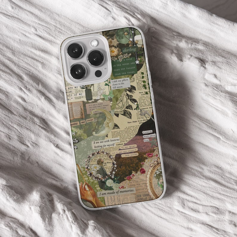 iPhone 15 Pro Max 14 Plus 13 12 11 clear case with Cottagecore Aesthetic scrap design on it, there are total of five options to choose from. Nature and Cottage core, scrapbook, bookscrap, vintage newspaper, cat, flowers, mushrooms, witchy artwork.