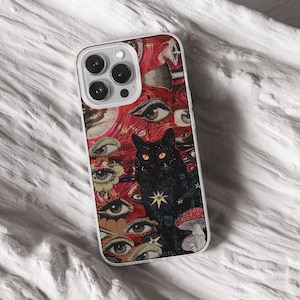 iPhone 15 Pro Max 14 Plus 13 12 11 clear case with Horror Grunge eyes design on it, there are total of five phone cover options to choose from. Halloween, spooky, black cat, mushroom, gothic artworks cover are depicted.