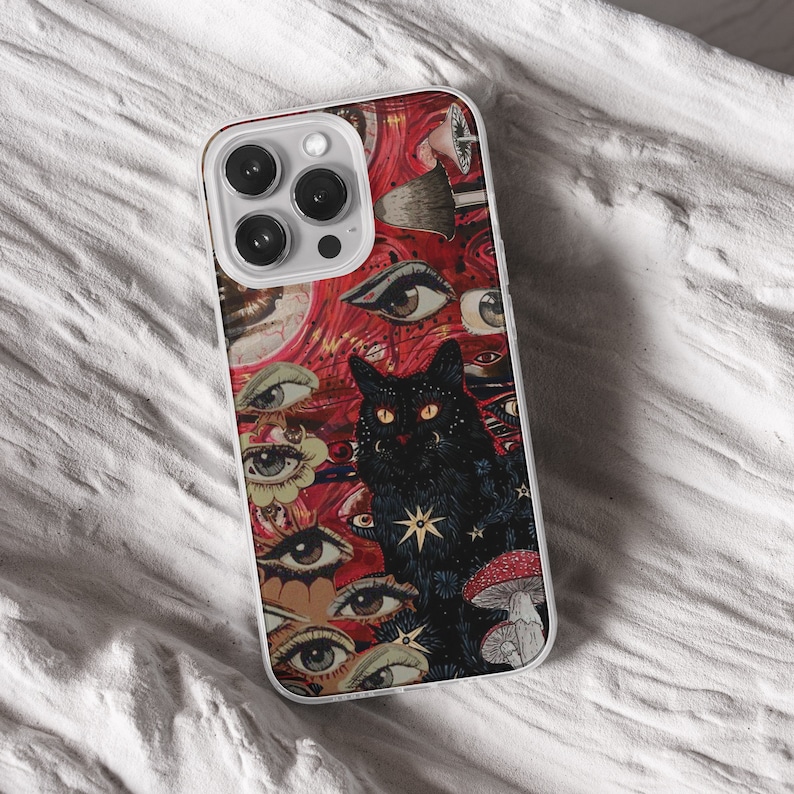 iPhone 15 Pro Max 14 Plus 13 12 11 clear case with Horror Grunge eyes design on it, there are total of five phone cover options to choose from. Halloween, spooky, black cat, mushroom, gothic artworks cover are depicted.