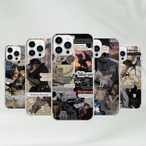 May include: A collection of phone cases with various designs. The cases feature collages with images of dragons, couples, and text. The color scheme includes black, white, and shades of gray, with some cases having a vintage aesthetic.