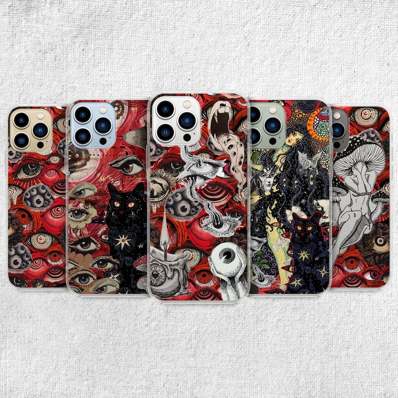 iPhone 15 Pro Max 14 Plus 13 12 11 clear case with Horror Grunge eyes design on it, there are total of five phone cover options to choose from. Halloween, spooky, black cat, mushroom, gothic artworks cover are depicted.