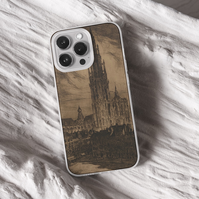 iPhone 15 Pro Max 14 Plus 13 12 11 clear case with Dark academia design on it, there are total of five phone cover options to choose from. Gothic, book lover, darkcore, castle, dark aesthetic, clouds and old aesthetic artwork depicted.