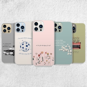 iPhone 15 Pro Max 14 Plus 13 12 11 clear case with Taylor Swift aesthetic design on it, there are total of five phone cover options to choose from. Music Song lyrics, Midnights, Folklore, pastel, evermore, 1989 cover artworks are depicted.