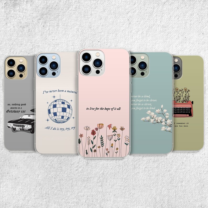 iPhone 15 Pro Max 14 Plus 13 12 11 clear case with Taylor Swift aesthetic design on it, there are total of five phone cover options to choose from. Music Song lyrics, Midnights, Folklore, pastel, evermore, 1989 cover artworks are depicted.