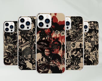 May include: Set of five phone cases featuring a collage of abstract and surreal imagery. The cases are black and white with red accents and feature a variety of graphic elements, including eyes, faces, and text. The text on the cases reads "How Deep Is Your Love".