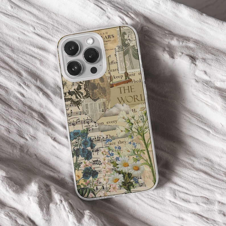 iPhone 15 Pro Max 14 Plus 13 12 11 clear case with Cottagecore Aesthetic scrap design on it, there are total of five options to choose from. Nature and Cottage core, scrapbook, bookscrap, vintage newspaper, cat, flowers, mushrooms, witchy artwork.