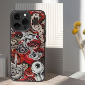 iPhone 15 Pro Max 14 Plus 13 12 11 clear case with Horror Grunge eyes design on it, there are total of five phone cover options to choose from. Halloween, spooky, black cat, mushroom, gothic artworks cover are depicted.