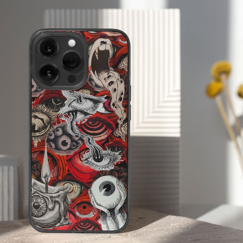 iPhone 15 Pro Max 14 Plus 13 12 11 clear case with Horror Grunge eyes design on it, there are total of five phone cover options to choose from. Halloween, spooky, black cat, mushroom, gothic artworks cover are depicted.
