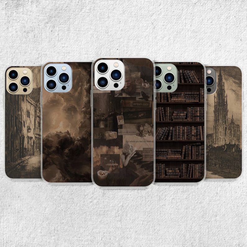 iPhone 15 Pro Max 14 Plus 13 12 11 clear case with Dark academia design on it, there are total of five phone cover options to choose from. Gothic, book lover, darkcore, castle, dark aesthetic, clouds and old aesthetic artwork depicted.