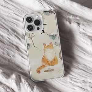 iPhone 15 Pro Max 14 Plus 13 12 11 clear case with Aesthetic cat design on it, there are total of five phone cover options to choose from. Funny kitty, cute pet animal, feline, flowers, japanese style, adorable artwork cover are depicted.