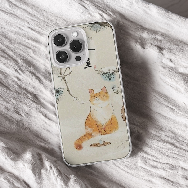 iPhone 15 Pro Max 14 Plus 13 12 11 clear case with Aesthetic cat design on it, there are total of five phone cover options to choose from. Funny kitty, cute pet animal, feline, flowers, japanese style, adorable artwork cover are depicted.