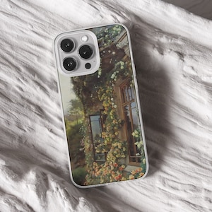 iPhone 15 14 13 12 11 clear case with Nature and Cottage core design on it, there are total of five options to choose from. Aesthetic flowers, river, plains, book lover artwork are depicted.