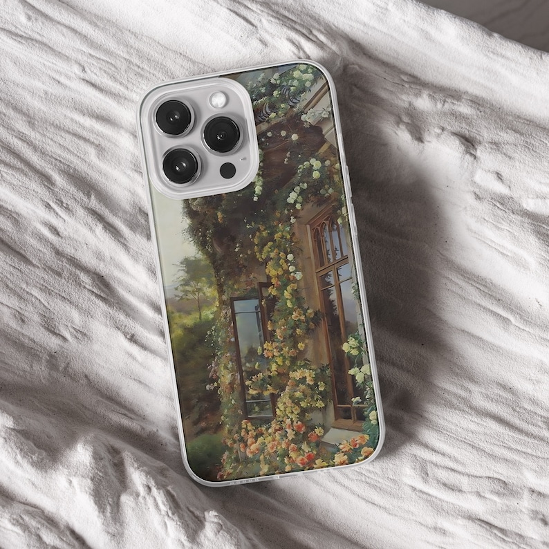 iPhone 15 14 13 12 11 clear case with Nature and Cottage core design on it, there are total of five options to choose from. Aesthetic flowers, river, plains, book lover artwork are depicted.