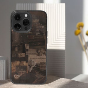 iPhone 15 Pro Max 14 Plus 13 12 11 clear case with Dark academia design on it, there are total of five phone cover options to choose from. Gothic, book lover, darkcore, castle, dark aesthetic, clouds and old aesthetic artwork depicted.