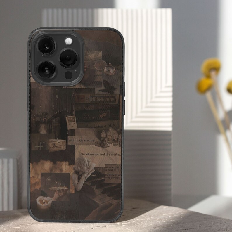 iPhone 15 Pro Max 14 Plus 13 12 11 clear case with Dark academia design on it, there are total of five phone cover options to choose from. Gothic, book lover, darkcore, castle, dark aesthetic, clouds and old aesthetic artwork depicted.