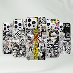 May include: A collection of five smartphone cases featuring a black and white collage design with various punk rock graphics, band names, and protest slogans including "God Save the Queen," "Sex Pistols," "Black Sabbath," and "Smash the Cis-tem."