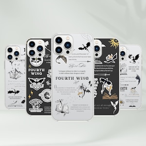May include: A collection of five phone cases with various designs. Each case features a different graphic, including dragons, text, and quotes. The cases are primarily white and black, with some gold accents. The text includes "FOURTH WING" and other phrases.