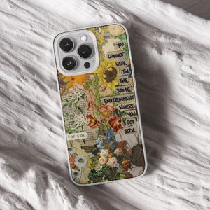 iPhone 15 Pro Max 14 Plus 13 12 11 clear case with Cottagecore Aesthetic scrap design on it, there are total of five options to choose from. Nature and Cottage core, scrapbook, bookscrap, vintage newspaper, cat, flowers, mushrooms, witchy artwork.