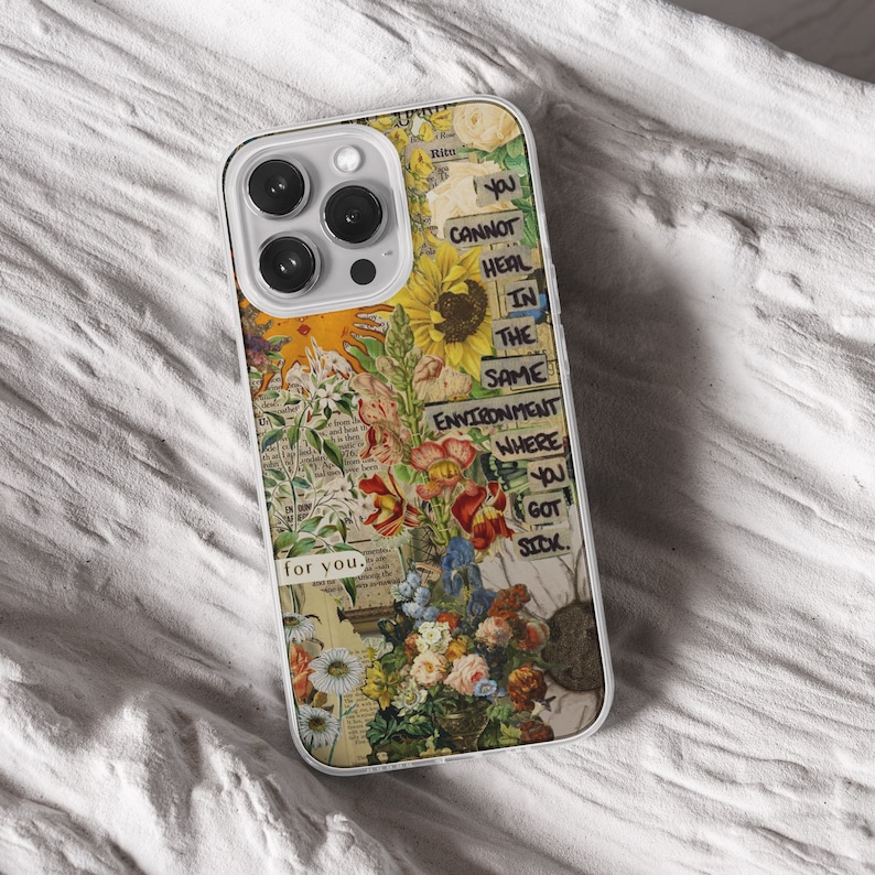 iPhone 15 Pro Max 14 Plus 13 12 11 clear case with Cottagecore Aesthetic scrap design on it, there are total of five options to choose from. Nature and Cottage core, scrapbook, bookscrap, vintage newspaper, cat, flowers, mushrooms, witchy artwork.