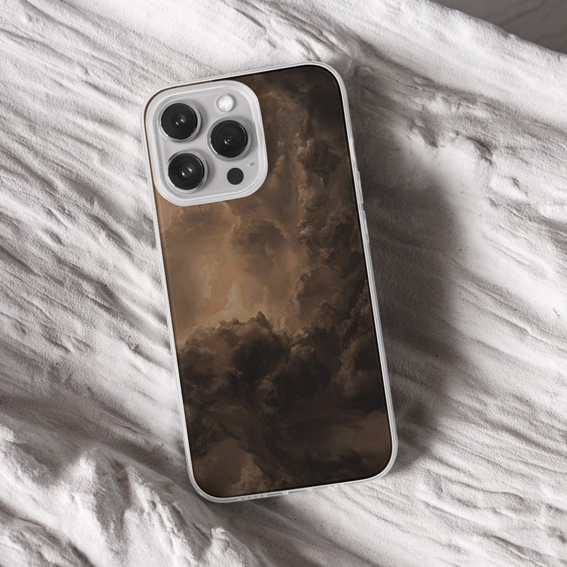 iPhone 15 Pro Max 14 Plus 13 12 11 clear case with Dark academia design on it, there are total of five phone cover options to choose from. Gothic, book lover, darkcore, castle, dark aesthetic, clouds and old aesthetic artwork depicted.