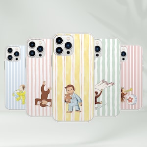 May include: Five clear phone cases with vertical striped patterns in various colours. Each case displays a different illustration of a cartoon monkey and a boy. The cases are designed for a smartphone.