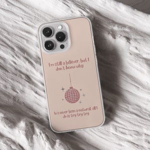 iPhone 15 Pro Max 14 Plus 13 12 11 clear case with Taylor Swift aesthetic design on it, there are total of five phone cover options to choose from. Music Song lyrics, Midnights, Folklore, pastel, evermore, 1989 cover artworks are depicted.