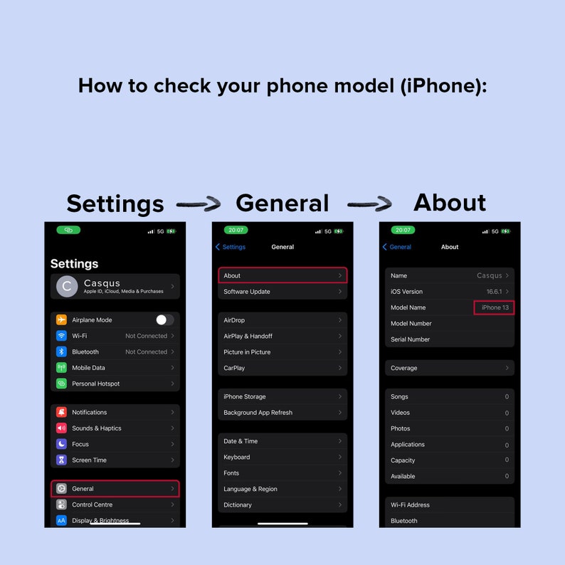 May include: A guide on a light blue background shows how to check an iPhone model. The steps are Settings, General, and About. The final screen displays the iPhone 13 model name. The text at the top says, "How to check your phone model (iPhone):"