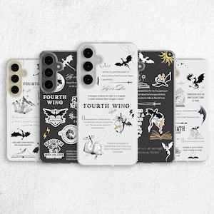 Puede incluir: Una colección de cinco fundas para teléfonos con varios diseños. Las fundas presentan ilustraciones de dragones, texto y citas. La combinación de colores incluye negro, blanco y dorado. El texto incluye las palabras "Fourth Wing", "Fly or Die" y otras frases.