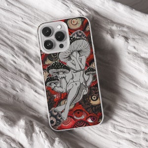 iPhone 15 Pro Max 14 Plus 13 12 11 clear case with Horror Grunge eyes design on it, there are total of five phone cover options to choose from. Halloween, spooky, black cat, mushroom, gothic artworks cover are depicted.