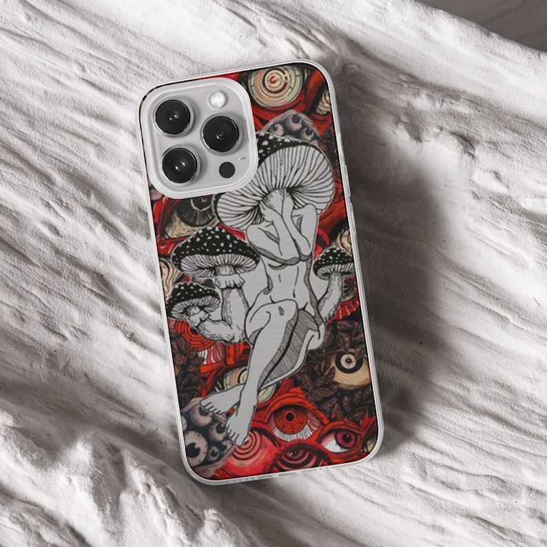 iPhone 15 Pro Max 14 Plus 13 12 11 clear case with Horror Grunge eyes design on it, there are total of five phone cover options to choose from. Halloween, spooky, black cat, mushroom, gothic artworks cover are depicted.