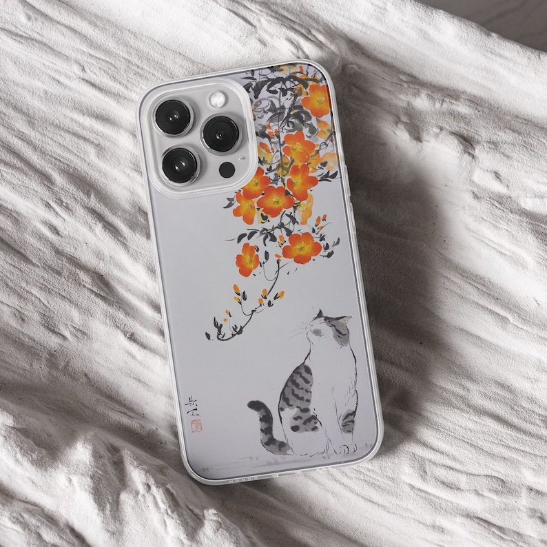 iPhone 15 Pro Max 14 Plus 13 12 11 clear case with Aesthetic cat design on it, there are total of five phone cover options to choose from. Funny kitty, cute pet animal, feline, flowers, japanese style, adorable artwork cover are depicted.