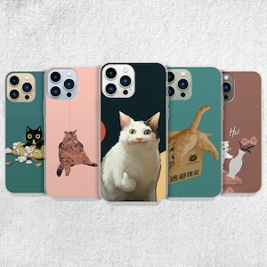 Funny Cat Phone Case - Aesthetic Meme Kitty Pet Gift Art Cover fit for iPhone 15 Pro Max 14 13 12 11 8 7 Plus Samsung S23 Ultra S22 S21 S20