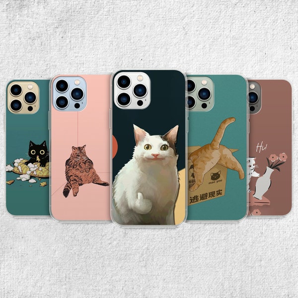 Funny Cat Phone Case - Aesthetic Meme Kitty Pet Gift Art Cover fit for iPhone 15 Pro Max 14 13 12 11 8 7 Plus Samsung S23 Ultra S22 S21 S20