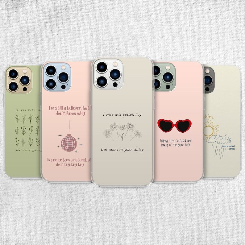 iPhone 15 Pro Max 14 Plus 13 12 11 clear case with Taylor Swift aesthetic design on it, there are total of five phone cover options to choose from. Music Song lyrics, Midnights, Folklore, pastel, evermore, 1989 cover artworks are depicted.